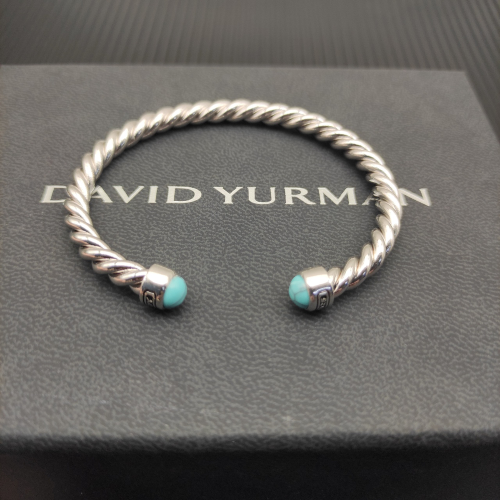 David Yurman 6mm Silver Turquoise Buttoned Cuff Bracelet - Picture 4 of 6